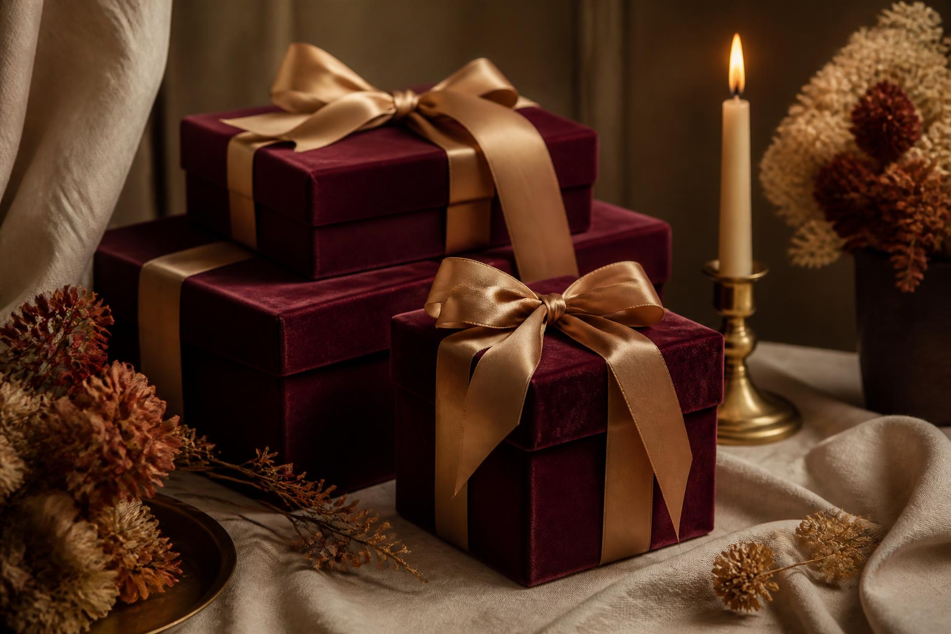 Burgundy velvet gift boxes tied with gold ribbon beside candlelight